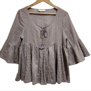 Entro Top Womens L Gray Cotton Lace Inset Bell Sleeve Peasant Boho Tassel Tie